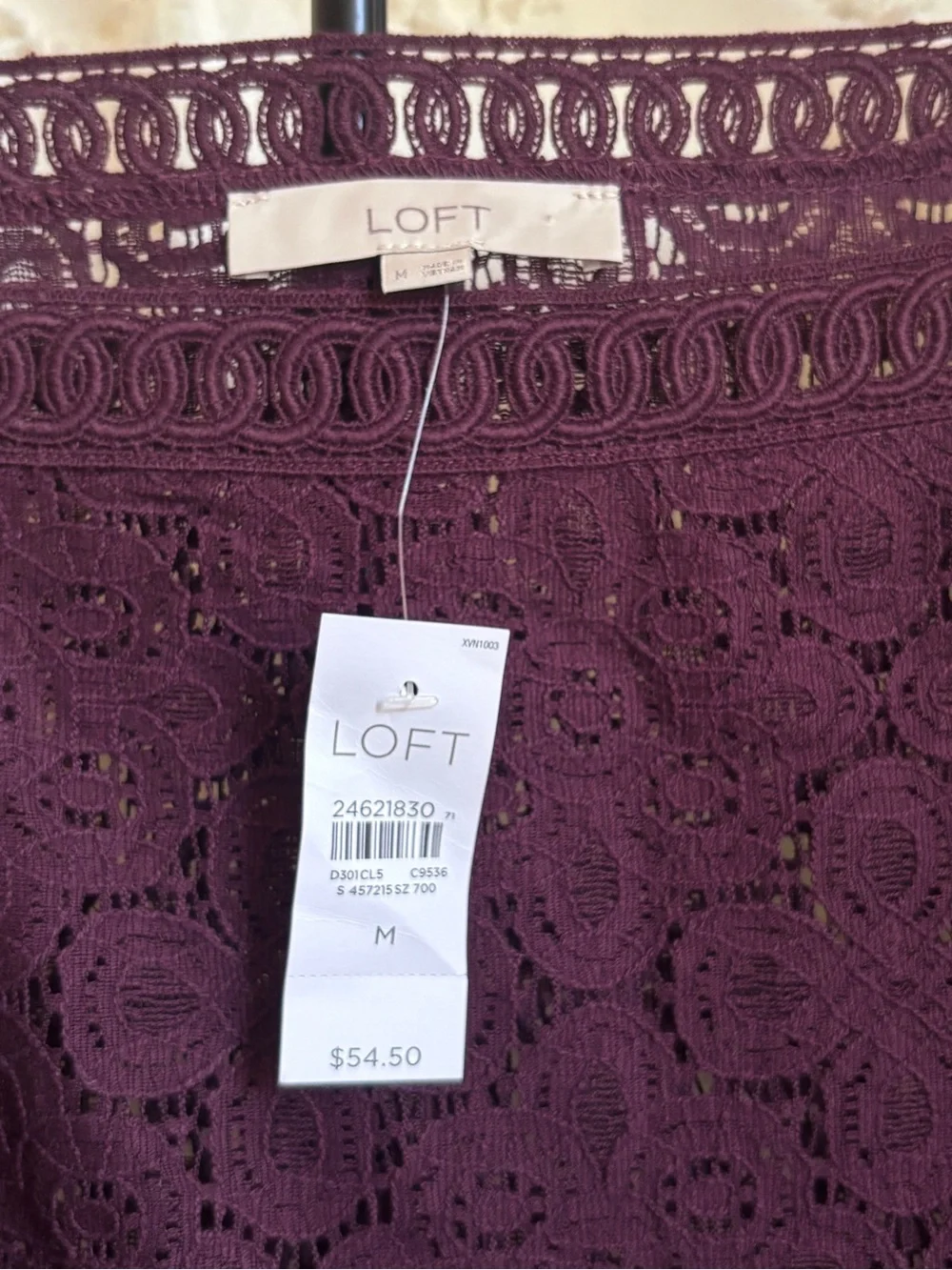 NWT LOFT Plum Lace Blouse Medium Square Neck Crochet Eyelet Puff Sleeve Top